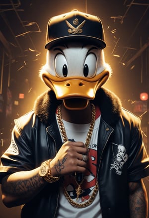 (best quality, masterpiece, abstract art illustration:1.2), (zoom layer, contrast layer, broken layer, shattered layer), furrowed brows, grimace, mad hip hop evil Donald duck (dmx), on stage in a simply lit club, holding a microphone, (face tattoos, gangster thug), gold chain, 