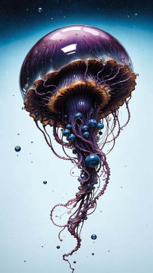 gooey blueberry jelly, (style of Jeremy Geddes:1.2), exploded view technical drawing of a jellyfish, floating in outerspace, blank cosmic background