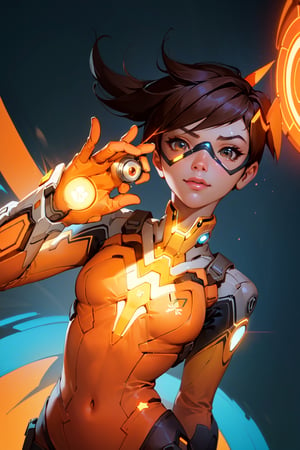 (masterpiece, best quality:1.4), [[smirk]], (beautiful, perfect, detailed, surreal, intricate, aesthetic:1.2), 
(Tracer:1.3) full body portrait, cowboy_shot 