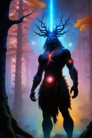 (best quality,4k,8k,highres,masterpiece:1.2), (style of forest John Blanche Noah bradley:1.4), an indigenous tribe performing a sacred ritual for their trees, (autumn1.2), moonlit, Neeko treant tree spirit:1.2), 6 glowing eyes