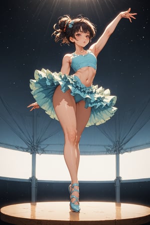 score_9, score_8_up, score_7_up, Hana Isuzu, ;) ballerina, wearing a (ruffly tutu:1.2) and a croptop hooded sweatshirt, thick thighs, dancing on a dimly lit stage, negative black space