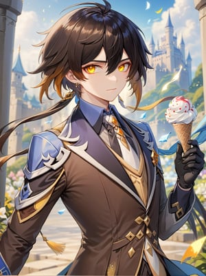 
masterpiece,
best quality,
incredibly absurdress,
high_res, 
high detail eyes,

middle ages background, 
greatest garden, 
flowers,
greatest castle, 
sky castle, 
flying birds,
magnificent view, 
fountain, 
glitter sky, 
glitter landscape, 
waterfall,

ice cream,
cream,
cone,
take ice cream,
complete full body,

shouri_(genshin_impact),
male focus,
female_solo, 
zhongli (genshin impact), 
1boy, 
long hair,
 gloves, 
jewelry, brown hair, black gloves, earrings, bangs, single earring,
long sleeves,neck_tie,
hair between eyes,
multicolored hair,tassel,
collared shirt, ponytail, 
shirt,
 thumb ring, jacket,
 formal, tassel earrings,
blurry background,
looking at viewer,
yellow eyes,
closed mouth, 
pants, suit, blurry, gradient hair,polearm, 
makeup, 
black hair, 
eyeliner,
white necktie,
 holding boxcutter


,science fiction,blue hair