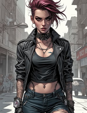 Masterpieces, score_9, score_8_up, score_7_up, 1_woman, Sexy, Modern, Bad_Girl, Rebellious, Piercings, Tattoos_On_Arms, Leather_Jacket, Ripped_Jeans, Messy_Hair, Fierce_Attitude, Smoking, Dark_Makeup, Street_Background, Confident_Pose, Punk_Style, Defiant_Look, Bold_Expression, PTAIWcomic