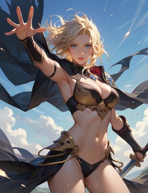 score_9, score_8_up, score_7_up, source_anime, detailed illustration, 8K UHD, fantasy themed, ((dramatic lighting, cinematic angle)), 1girl, solo, long blonde hair, looking at viewer, blue eyes, elven ears, bikini armor, black cape, standing pose, proud expression, sword in hand, gleaming metal, high fantasy, regal stance, wind blowing hair, dramatic camera angle, powerful and graceful, heroic aura, battle ready, epic fantasy atmosphere