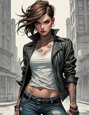 Masterpieces, score_9, score_8_up, score_7_up, 1_woman, Sexy, Modern, Rebel, Short_Brown_Hair, Leather_Jacket, Ripped_Jeans, Casual_Outfit, Strong_Attitude, Tattoos, Piercings, Fierce_Look, Urban_Background, Confident_Pose, Tough_Girl_Vibe, Defiant_Expression, Bold_Style, PTAIWcomic