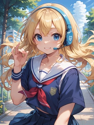 score_9, score_8_up, score_7_up, 1girl, blonde hair, blue eyes, cute high school girl, wearing headset, listening to music, casual school uniform, cheerful expression, anime-style artwork