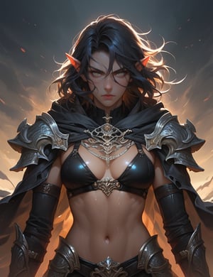 score_9, score_8_up, score_7_up, source_anime, detailed illustration, 8K UHD, fantasy themed, ((dark atmosphere, dim lighting)), 1girl, solo, curly black hair, looking at viewer, elven ears, leather bikini armor, large sword on back, black cape, stern expression, mysterious and brooding, dark fantasy, shadowy setting, windswept cloak, strong and fierce, warrior stance, muted colors, dramatic shadows, cold and distant gaze, rugged armor details