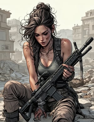 Masterpieces, score_9, score_8_up, score_7_up, 1_woman, Sexy, Post_Apocalypse, Survivor, Tattered_Clothing, Assault_Rifle, Resting_Amidst_Ruins, War_Torn_Look, Battle_Hardened, Worn_Outfit, Dirty_Face, Scarred_Skin, Calm_Pose, Urban_Ruins_Background, Survival_Mode, Strong_And_Resilient, PTAIWcomic