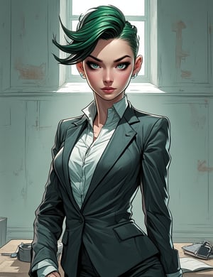 Masterpieces, score_9, score_8_up, score_7_up, 1_woman, Sexy, Modern, Overachiever, Neat_Green_Hair, Obsessive_Goal_Setter, Perfectionist, Business_Attire, Cold_Image, Professional_Look, Serious_Expression, Clean_Suit, Polished_Appearance, Confident_Stance, Sharp_Gaze, High_Ambition, Corporate_Environment, Focused_Mindset, PTAIWcomic