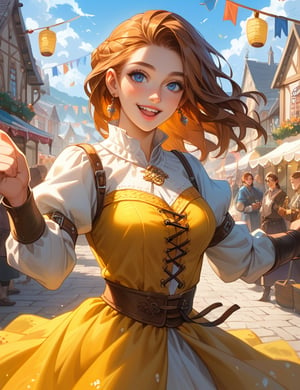 score_9, score_8_up, score_7_up, source_anime, detailed illustration, 8K UHD, fantasy themed, ((medieval festival, village setting)), 1girl, solo, long brown hair, looking at viewer, blue eyes, elven ears, freckles, shoulder-exposing dress, joyful smile, holding protagonist's hand, pulling them through the festival, bright and festive atmosphere, medieval village, lively crowd, lanterns in the background, dancing and music, playful and carefree, festival decorations, radiant happiness, charming and innocent