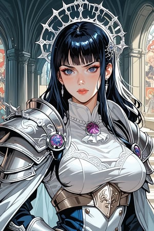 score_9, score_8_up, score_7_up, 1girl, pale-skinned female with long, straight black hair in a sleek hime cut, exuding a delicate blend of beauty and strength. She is a young paladin, dressed in shining silver armor that has a revealing design, accentuating her graceful figure while maintaining an aura of battle-readiness. Her porcelain skin contrasts with the armor, giving her an ethereal appearance. She stands confidently, gazing directly at the camera with a determined yet alluring expression. The background is a vast, sunlit battlefield with a distant castle, the light reflecting off her armor, creating a majestic and powerful atmosphere. The artwork is drawn in a detailed Japanese manga style, emphasizing her soft features and heroic pose, with a natural and captivating elegance.

Sexy, Mature, sensual