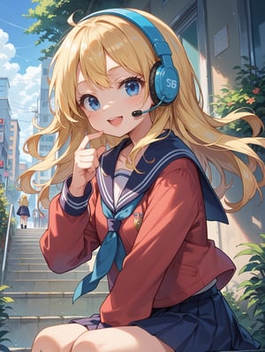 score_9, score_8_up, score_7_up, 1girl, blonde hair, blue eyes, cute high school girl, wearing headset, listening to music, casual school uniform, cheerful expression, anime-style artwork