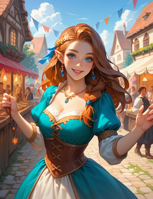 score_9, score_8_up, score_7_up, source_anime, detailed illustration, 8K UHD, fantasy themed, ((medieval festival, village setting)), 1girl, solo, long brown hair, looking at viewer, blue eyes, elven ears, freckles, shoulder-exposing dress, joyful smile, holding protagonist's hand, pulling them through the festival, bright and festive atmosphere, medieval village, lively crowd, lanterns in the background, dancing and music, playful and carefree, festival decorations, radiant happiness, charming and innocent