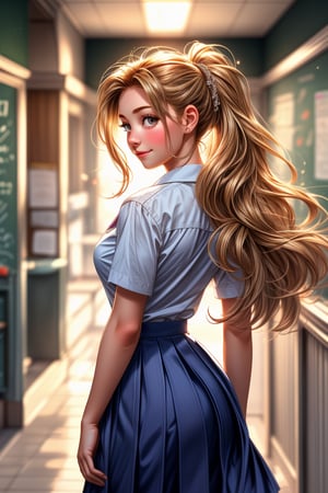 score_10, score_9, score_8_up, score_7_up, score_6_up, beautiful high school girl with long, flowing hair that cascades down her back. She should have a youthful and serene expression, with soft features and a gentle smile. Her school uniform should be neatly worn, adding to her charm. The background can be a typical school setting, like a hallway or classroom, with soft lighting to highlight her natural beauty and the graceful movement of her hair.