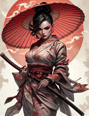 Masterpieces, score_9, score_8_up, score_7_up, 1_woman, Sexy, Voluptuous_Figure, Kimono, Japanese_Umbrella, Red_Smokey_Eye_Makeup, Katana_On_Hip, Traditional_Japanese_Outfit, Sensual_Pose, Elegant_Aura, Dark_Hair, Graceful_Stance, Fierce_Look, Intricate_Designs, Japanese_Cultural_Vibe, Mysterious_Expression, PTAIWcomic