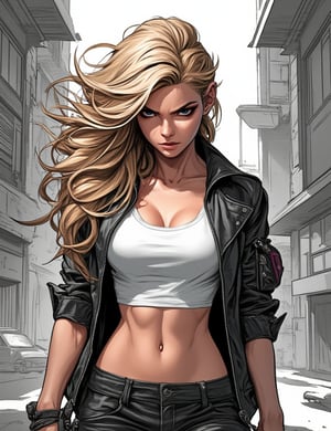 Masterpieces, score_9, score_8_up, score_7_up, 1_woman, Sexy, Modern, Bully, Blonde_Hair, Streetwear_Outfit, Crop_Top, Visible_Abs, Athletic_Body, Dominant_Attitude, Aggressive_Expression, Tough_Girl_Vibe, Sneer, Intimidating_Stance, Urban_Background, Mean_Girl, Confident_Pose, Leather_Jacket, PTAIWcomic