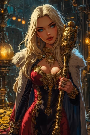 A stunning yet sinister female character in a Japanese manga style, set in a dark, space opera universe. She is the embodiment of beauty and greed, with long, flowing blonde hair that cascades down her back in perfect waves. Her icy blue eyes gleam with cunning and desire, betraying her dark, insatiable hunger for power and wealth. Her expression is confident and haughty, her lips curled into a wicked, self-satisfied smirk.

She is dressed in a luxurious, form-fitting gown of deep crimson and black, adorned with intricate gold embroidery. The dress clings to her curvaceous figure, exuding both sensuality and regal elegance. Around her neck and wrists, she wears lavish jewelry—golden chains, sparkling diamonds, and rare gems that glitter in the dim light. Her fingers are adorned with rings of power and wealth, each a symbol of her greed. A long, flowing cape lined with fur drapes over her shoulders, adding to her aristocratic presence.

Her posture is one of arrogance and superiority, with her chin lifted slightly as she gazes down at her surroundings. She stands in a lavish chamber filled with gold coins, jeweled treasures, and luxurious furnishings—her personal hoard of riches. One hand rests gracefully on her hip, while the other lightly traces the edge of a gilded scepter she holds, symbolizing her control and influence over others. The dark backdrop, with flickering lights and metallic shadows, highlights the cold, decadent world she commands.