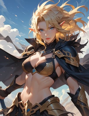 score_9, score_8_up, score_7_up, source_anime, detailed illustration, 8K UHD, fantasy themed, ((dramatic lighting, cinematic angle)), 1girl, solo, long blonde hair, looking at viewer, blue eyes, elven ears, bikini armor, black cape, standing pose, proud expression, sword in hand, gleaming metal, high fantasy, regal stance, wind blowing hair, dramatic camera angle, powerful and graceful, heroic aura, battle ready, epic fantasy atmosphere