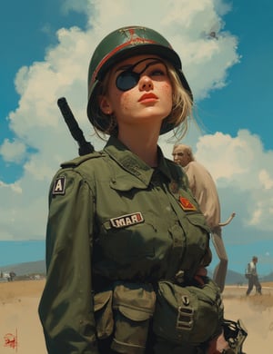 Masterpieces, score_9, score_8_up, score_7_up, 1_woman, Sexy, Retired_Soldier, Middle_Aged_Woman, World_War_II_Uniform, Eye_Patch, Missing_Arm, Smoking_Cigarette, Tired_Expression, Looking_At_Sky, Battle_Worn, Military_Attire, War_Veteran, Strong_But_Worn, Nostalgic_Aura, Gritty_Appearance, dal