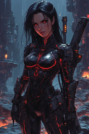 A beautiful yet deadly female character in a Japanese manga style, set in the dark, gritty world of a space opera as a Space Marine. She has long, raven-black hair that falls in sleek, straight strands, contrasting sharply with her pale skin and intense, sharp eyes. Her gaze is cold, filled with determination and the weight of countless battles fought across the stars, giving her an air of unshakable resolve.

She is dressed in a high-tech, form-fitting exosuit made of dark, matte black armor, covered in battle scars and scratches, reflecting the brutal nature of her missions. The armor hugs her curvaceous yet muscular figure, designed for mobility and heavy combat. The intricate, futuristic design features glowing red lines of energy running across her chest, arms, and legs, pulsing with the power of the suit’s advanced tech. Her armored boots and gauntlets are thick and reinforced, giving her an imposing presence, while a large, menacing rifle is slung across her back.

Her posture is firm and battle-ready, one hand gripping a massive plasma rifle, while the other rests on her hip, exuding confidence and control. Her expression is serious, with a slight smirk that suggests she’s prepared for whatever danger comes next. The backdrop is a dark, war-torn alien battlefield, with massive craters, destroyed starships, and glowing debris floating through the cold void of space, capturing the grim and intense atmosphere of her world.