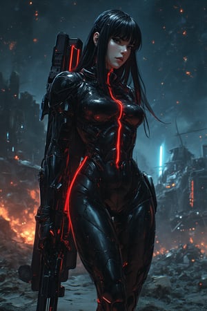 A beautiful yet deadly female character in a Japanese manga style, set in the dark, gritty world of a space opera as a Space Marine. She has long, raven-black hair that falls in sleek, straight strands, contrasting sharply with her pale skin and intense, sharp eyes. Her gaze is cold, filled with determination and the weight of countless battles fought across the stars, giving her an air of unshakable resolve.

She is dressed in a high-tech, form-fitting exosuit made of dark, matte black armor, covered in battle scars and scratches, reflecting the brutal nature of her missions. The armor hugs her curvaceous yet muscular figure, designed for mobility and heavy combat. The intricate, futuristic design features glowing red lines of energy running across her chest, arms, and legs, pulsing with the power of the suit’s advanced tech. Her armored boots and gauntlets are thick and reinforced, giving her an imposing presence, while a large, menacing rifle is slung across her back.

Her posture is firm and battle-ready, one hand gripping a massive plasma rifle, while the other rests on her hip, exuding confidence and control. Her expression is serious, with a slight smirk that suggests she’s prepared for whatever danger comes next. The backdrop is a dark, war-torn alien battlefield, with massive craters, destroyed starships, and glowing debris floating through the cold void of space, capturing the grim and intense atmosphere of her world.