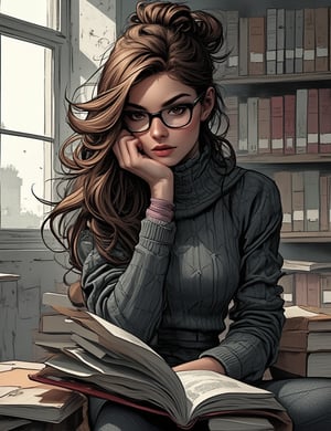 Masterpieces, score_9, score_8_up, score_7_up, 1_woman, Sexy, Modern, Bookworm, Glasses, Brown_Hair, Tight_Knit_Sweater, Slim_Figure, Shadowed_Eyes, Intellectual_Vibe, Sitting_With_Books, Studious_Look, Quiet_Expression, Soft_Lighting, Indoor_Library, Shy_Pose, Thoughtful_Gaze, PTAIWcomic