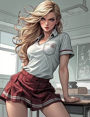 Masterpieces, score_9, score_8_up, score_7_up, 1_woman, Sexy, Modern, Bully, Blonde_Hair, School_Uniform, Dominant_Attitude, Aggressive_Expression, Mean_Girl, Short_Skirt, Tight_Shirt, Intimidating_Stance, Confident_Pose, Sneer, Tough_Girl_Vibe, Classroom_Background, Power_Hungry, Bullying_Others, PTAIWcomic