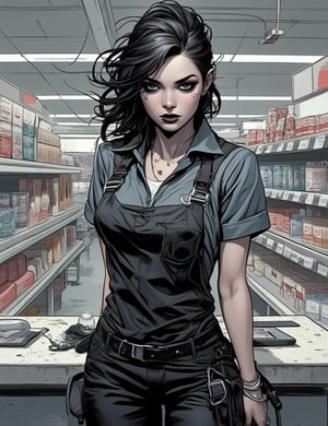 Masterpieces, score_9, score_8_up, score_7_up, 1_woman, Sexy, Modern, Goth, Black_Lipstick, Smokey_Eye_Makeup, Supermarket_Uniform, Cashier, Working_At_Store, Dark_Clothing, Pale_Skin, Piercings, Tired_Expression, Subtle_Glamour, Mundane_Setting, Contrasting_Style, Grungy_Vibe, PTAIWcomic