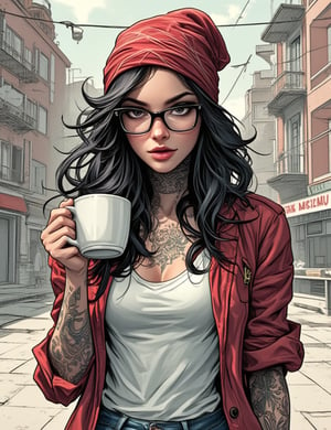 Masterpieces, score_9, score_8_up, score_7_up, 1_woman, Sexy, Modern, Hipster, Trendsetter, Vintage_Clothing, Thick_Glasses, Beanie_Hat, Tattoos, Alternative_Fashion, Slim_Jeans, Quirky_Style, Coffee_Cup, Urban_Backdrop, Indie_Look, Confident_Pose, Nonconformist_Attitude, Street_Style, Individualistic, PTAIWcomic