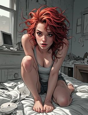 Masterpieces, score_9, score_8_up, score_7_up, 1_woman, Sexy, Modern, Slacker, Red_Curly_Hair, Freckles, Messy_Room, Lying_On_Bed, Casual_Outfit, Lazy_Attitude, Unkempt_Look, Barefoot, Disheveled_Hair, Relaxed_Pose, Cluttered_Background, Lack_of_Responsibility, Sluggish_Expression, Comfortable_But_Careless_Vibe
, PTAIWcomic