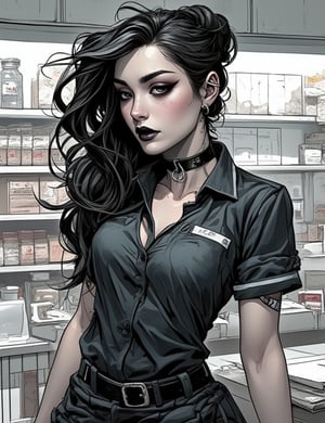 Masterpieces, score_9, score_8_up, score_7_up, 1_woman, Sexy, Modern, Goth, Black_Lipstick, Smokey_Eye_Makeup, Supermarket_Uniform, Cashier, Working_At_Store, Dark_Clothing, Pale_Skin, Piercings, Tired_Expression, Subtle_Glamour, Mundane_Setting, Contrasting_Style, Grungy_Vibe, PTAIWcomic