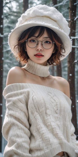 stunning and beautiful Japanese girl, below view, messy curly short hair, snowy Forrest, 
Off-shoulder white sweater, white hat, supporting head on behind head, cleavage, glasses 
insanelly detailled, 8k resolution, hyperrealism photo, concept art of detailed character design, cinema concept, cinematic lighting, 
stylish, elegant, breathtaking, mysterious, fascinating, curiously complete face, elegant, gorgeous, 8k, cinematic look, calming tones, incredible details, intricate details, hyper detailed, low contrast, soft cinematic lights, Superia 400, warm tones, ,aesthetic portrait, cinematic moviemaker style, in the style of esao andrews