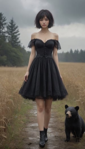 Stunning and beautiful Japanese super model with biggest black bear, at the filed of dead, 
Wearing black mini cocktail dress, cleavage, off-shoulder, messy short hair,
foggy and stormy weather,
18mm lens, zoom out, wide angle, (far wide-angle:2), 
photo-realistic, masterpiece, soothing tones, 8k resolution, concept art of detailed character design, cinema concept, cinematic lighting, cinematic look, calming tones, incredible details, intricate details, hyper detail, Fuji Superia 400,
stylish, elegant, breathtaking, mysterious, fascinating, curiously complete face, elegant, gorgeous, 
ART by Esao Andrews style, by Greg Rutkowski Repin artstation style, by Wadim Kashin style, by Konstantin Razumov style, Tim burton style, dark gothic style, 
,aesthetic portrait, cinematic moviemaker style, in the style of esao andrews