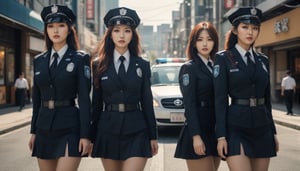 Stunning and beautiful Japanese police officers, three girls, full-body side view, beside a patrol car, downtown street, sexy uniform, dynamic pose, model pose, tall body, 
wide angle landscape photo, 18mm lens, zoom out, (far wide-angle:2), 
masterpiece, best shadow, cinematic film, insanelly detailled, 8k resolution, hyperrealism photo, concept art of detailed character design, cinema concept, cinematic lighting, 
stylish, elegant, breathtaking, mysterious, fascinating, curiously complete face, elegant, gorgeous, 8k, cinematic look, calming tones, incredible details, intricate details, hyper detailed, low contrast, soft cinematic lights, Superia 400, warm tones, ,aesthetic portrait, cinematic moviemaker style, in the style of esao andrews,esao andrews style,esao andrews art,korean girl,more detail XL