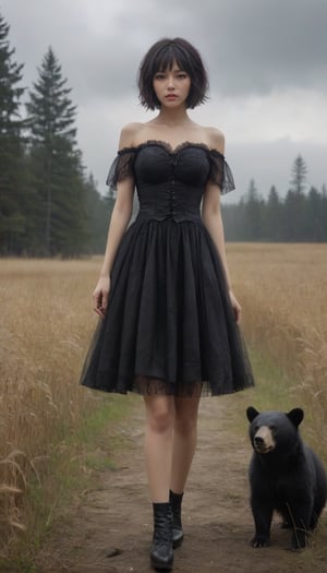 Stunning and beautiful Japanese super model with biggest black bear, at the filed of dead, 
Wearing black mini cocktail dress, cleavage, off-shoulder, messy short hair,
foggy and stormy weather, big bear, super big bear,
18mm lens, zoom out, wide angle, (far wide-angle:2), 
photo-realistic, masterpiece, soothing tones, 8k resolution, concept art of detailed character design, cinema concept, cinematic lighting, cinematic look, calming tones, incredible details, intricate details, hyper detail, Fuji Superia 400,
stylish, elegant, breathtaking, mysterious, fascinating, curiously complete face, elegant, gorgeous, 
ART by Esao Andrews style, by Greg Rutkowski Repin artstation style, by Wadim Kashin style, by Konstantin Razumov style, Tim burton style, dark gothic style, 
,aesthetic portrait, cinematic moviemaker style, in the style of esao andrews