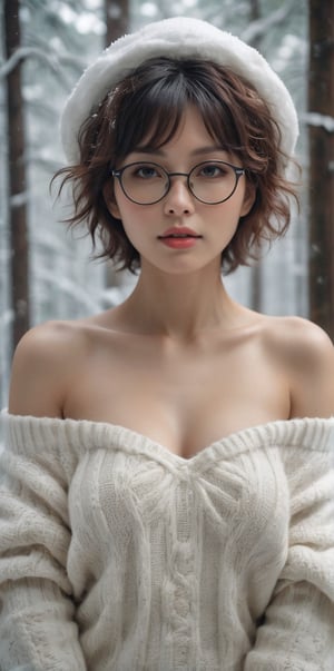 stunning and beautiful Japanese super model, below shot, messy curly short hair, snowy forrest, 
Off-shoulder white sweater, white hat, supporting hands on lips, cleavage, black glasses, 
insanelly detailled, 8k resolution, hyperrealism photo, concept art of detailed character design, cinema concept, cinematic lighting, 
stylish, elegant, breathtaking, mysterious, fascinating, curiously complete face, elegant, gorgeous, 8k, cinematic look, calming tones, incredible details, intricate details, hyper detailed, low contrast, soft cinematic lights, Superia 400, warm tones, ,aesthetic portrait, cinematic moviemaker style, in the style of esao andrews