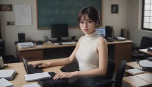 Stunning and beautiful Japanese super model on the desk,
working in office, work environment, looking dual monitor, hand on keyboard, books, memo, paper, black board,
messy wavy short hair, bare face, a few freckles, black horn-rimmed glasses, wearing white sleeveless turtle neck sweater, 
Full-body side pose from above, ultra wide angle photo, 18mm lens, zoom out,
photo-realistic, masterpiece, soothing tones, 8k resolution, concept art of detailed character design, cinema concept, cinematic lighting, cinematic look, calming tones, incredible details, intricate details, hyper detail, Fuji Superia 400, 
stylish, elegant, breathtaking, mysterious, fascinating, untamed, curiously complete face, elegant, gorgeous, 
by Greg Rutkowski Repin artstation style, by Wadim Kashin style, by Konstantin Razumov style, Ayase Haruka's face,
,aesthetic portrait, cinematic moviemaker style, in the style of esao andrews