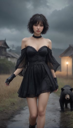 Stunning and beautiful Japanese super model with biggest black bear, at the filed of dead, 
Wearing black mini cocktail dress, cleavage, off-shoulder, messy short hair,
foggy and stormy weather,
18mm lens, zoom out, wide angle, (far wide-angle:2), 
photo-realistic, masterpiece, soothing tones, 8k resolution, concept art of detailed character design, cinema concept, cinematic lighting, cinematic look, calming tones, incredible details, intricate details, hyper detail, Fuji Superia 400,
stylish, elegant, breathtaking, mysterious, fascinating, curiously complete face, elegant, gorgeous, 
ART by Esao Andrews style, by Greg Rutkowski Repin artstation style, by Wadim Kashin style, by Konstantin Razumov style, Tim burton style, dark gothic style, 
,aesthetic portrait, cinematic moviemaker style, in the style of esao andrews