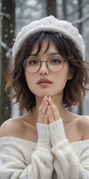 stunning and beautiful Japanese super model, below shot, messy curly short hair, snowy forrest, 
Off-shoulder white sweater, white hat, supporting hands on lips, cleavage, black glasses, 
insanelly detailled, 8k resolution, hyperrealism photo, concept art of detailed character design, cinema concept, cinematic lighting, 
stylish, elegant, breathtaking, mysterious, fascinating, curiously complete face, elegant, gorgeous, 8k, cinematic look, calming tones, incredible details, intricate details, hyper detailed, low contrast, soft cinematic lights, Superia 400, warm tones, ,aesthetic portrait, cinematic moviemaker style, in the style of esao andrews