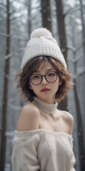 stunning and beautiful Japanese super model, below view, messy curly short hair, snowy forrest, 
Off-shoulder white sweater, white hat, supporting hand on behind head, cleavage, black glasses, 
insanelly detailled, 8k resolution, hyperrealism photo, concept art of detailed character design, cinema concept, cinematic lighting, 
stylish, elegant, breathtaking, mysterious, fascinating, curiously complete face, elegant, gorgeous, 8k, cinematic look, calming tones, incredible details, intricate details, hyper detailed, low contrast, soft cinematic lights, Superia 400, warm tones, ,aesthetic portrait, cinematic moviemaker style, in the style of esao andrews