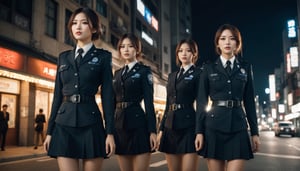 Stunning and beautiful Japanese police officers, three girls, full-body side view, beside a patrol car, downtown street, sexy uniform, dynamic pose, model pose, tall body, 
wide angle landscape photo, 18mm lens, zoom out, (far wide-angle:2), 
masterpiece, best shadow, cinematic film, insanelly detailled, 8k resolution, hyperrealism photo, concept art of detailed character design, cinema concept, cinematic lighting, 
stylish, elegant, breathtaking, mysterious, fascinating, curiously complete face, elegant, gorgeous, 8k, cinematic look, calming tones, incredible details, intricate details, hyper detailed, low contrast, soft cinematic lights, Superia 400, warm tones, ,aesthetic portrait, cinematic moviemaker style, in the style of esao andrews,esao andrews style,esao andrews art,korean girl,more detail XL