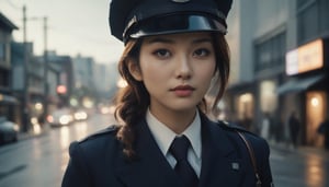 Stunning and beautiful Japanese police officer,
wide angle landscape photo, 18mm lens, zoom out, (far wide-angle:2), 
masterpiece, best shadow, cinematic film, insanelly detailled, 8k resolution, hyperrealism photo, concept art of detailed character design, cinema concept, cinematic lighting, 
stylish, elegant, breathtaking, mysterious, fascinating, curiously complete face, elegant, gorgeous, 8k, cinematic look, calming tones, incredible details, intricate details, hyper detailed, low contrast, soft cinematic lights, Superia 400, warm tones, ,aesthetic portrait, cinematic moviemaker style, in the style of esao andrews,esao andrews style,esao andrews art