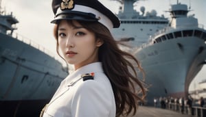 Stunning and beautiful Japanese navy, full-body side view from below shot, white navy uniform, white military cap, 
sexy pose, sets the scene in a port, with a large military war ship. Walking port,
sexy uniform, dynamic pose, model pose, tall body, 
wide angle landscape photo, 18mm lens, zoom out, (far wide-angle:2), 
masterpiece, best shadow, cinematic film, insanelly detailled, 8k resolution, hyperrealism photo, concept art of detailed character design, cinema concept, cinematic lighting, 
stylish, elegant, breathtaking, mysterious, fascinating, curiously complete face, elegant, gorgeous, 8k, cinematic look, calming tones, incredible details, intricate details, hyper detailed, low contrast, soft cinematic lights, Superia 400, warm tones, Ayase Haruka's face,
aesthetic portrait, cinematic moviemaker style, in the style of esao andrews,esao andrews style,esao andrews art,