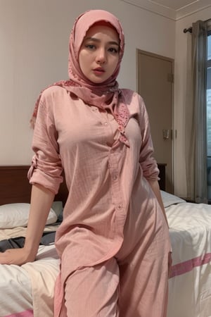 milf on bed,mature face,seductive pose,(pussy juice:1.3),hijab,naked,shirt