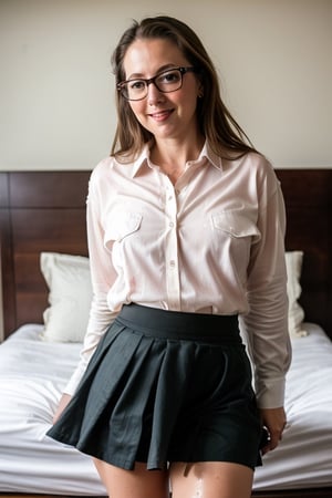 RAW photo,a portrait photo of Katie Read in casual clothes,natural skin,8k uhd,high quality,film grain,Fujifilm XT3,on bed,spread leg,wet,(long shirt::1.4),(skirt::1.5),mature lady,mature face,(chubby body:1.2),(35 years old:1.4),glasses