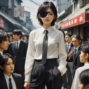 a (candid photo:1.4) of a beautiful japanese woman, age 30, himeno, chainsaw_man, wearing an eyepatch, wearing a white shirt and a necktie, wearing black pants, wearing a black suit, holding a cigarette, very crowded japanese crossing, very detailed skin, skin imperfections, (full body:1.5)