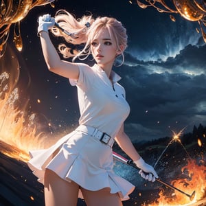 (masterpiece, top quality, best quality, official art, beautiful and aesthetic:1.2), (1girl), extreme detailed,(abstract, fractal art:1.3),colorful hair,highest detailed, detailed_eyes, fire, water, ice, lightning, light_particles, ghost, Lightning day with golf clubs, thunder and twinkling lights, beautiful golf swing, one golf club, soft golf swing, fancy dress, golf, golf course, Luxury golf clubs, high-quality golf club images,