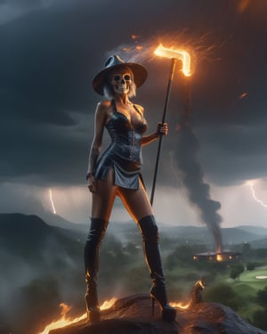 1 sexy burning witch holding up a large ancient golf club iron, (standing on top of a large mountain), in the background there is the burning halfway house and golf course, golf course, intense lightning, dark and rainy, a grey swamp and an army of skeletons, she is wearing a sexy witches outfit, (tatoos on body:1.15), witch's horn, very dark vibes, (lighting strike in he background), ((rain)), wet skin, very cinematic sony photography for the box art of a movie (best quality,8k,highres,photorealism:1.3), (rain), (wet hair), ultra-detailed, ,detailmaster2,Movie Still,HellAI,fire,b3rli,fire element,skull,composed of fire elements,monster