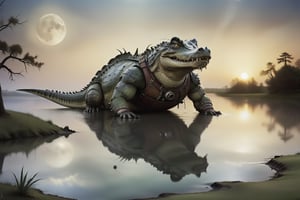 post-apocalyptic sunset at the end of word a crocodile is swimming in the golf course lake drawing, moonlight, moonlight, legendary big crocodile, ,ichika,steampunk style,DonMn1ghtm4reXL