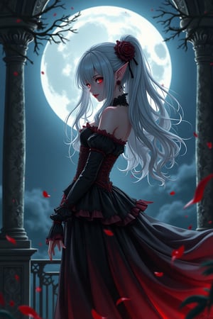 I will draw a scene where a girl who is a vampire reveals her true identity against a moonlit night sky.,(,1 girl,She is a girl with white hair and dark red eyes.,girl is a vampire,face seen from the side,perfect face,beautiful,A slightly sad smile,gorgeous gothic loli dress,anatomically correct,perfect anatomy,),create an artistic background,A castle balcony deep in the forest,Luxurious decoration in Rococo style,Use black and red as main colors,(masterpiece:1.3),(highest quality:1.4),(ultra detailed:1.5),High resolution,extremely detailed,unity 8k wallpaper,decadent